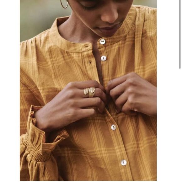 Faherty Harper Plaid Button Down Top Blouson Sleeves Ruffled Cuffs - Size Medium - Picture 3 of 9